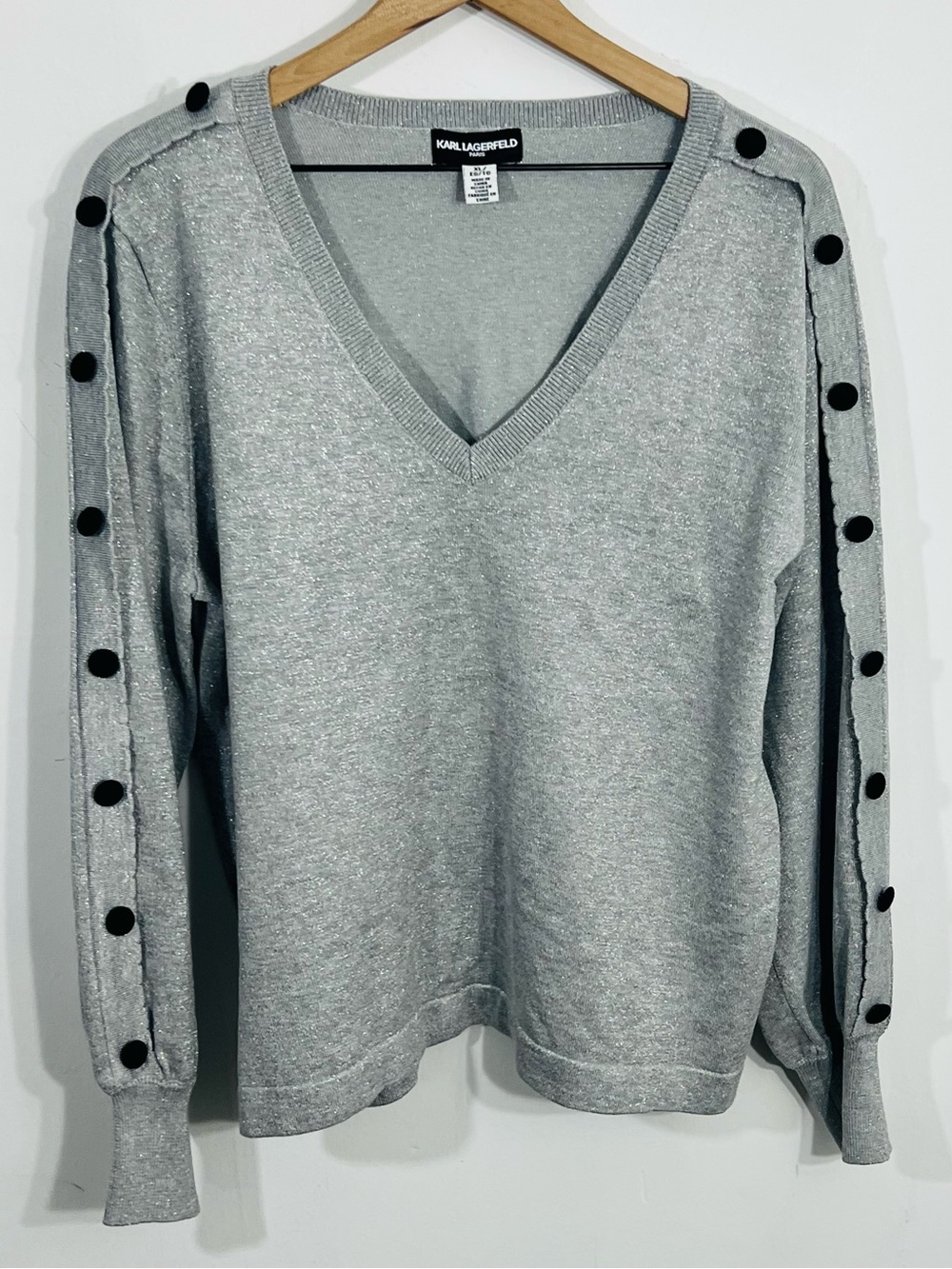 Karl Lagerfeld Silver V Neck Pullover Long Sleeve Sweater Button Sleeve NWOT XL